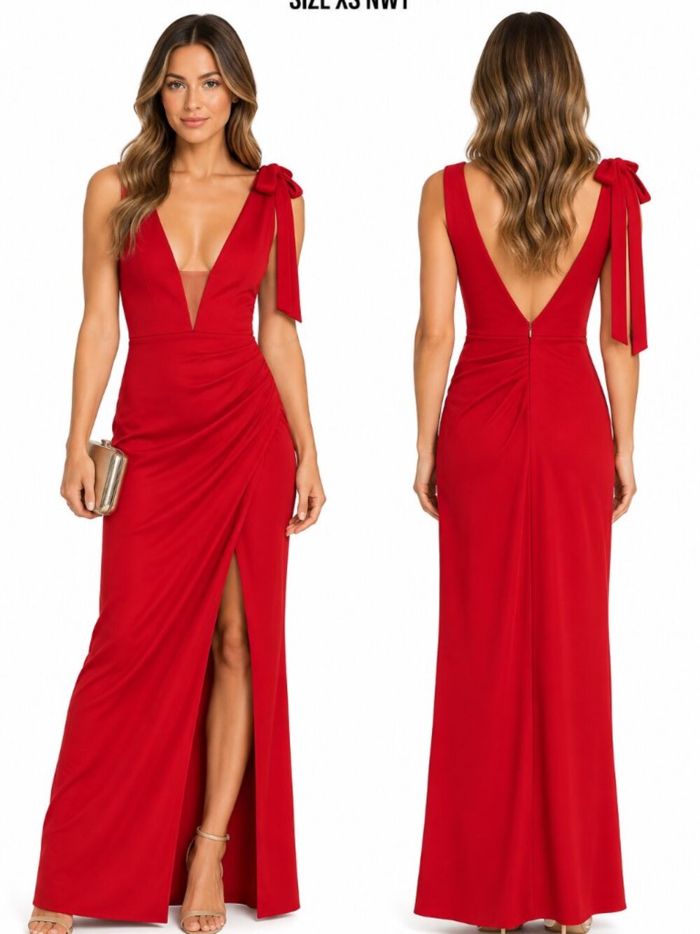OVERS + FRIENDS RED DEEP V TIE-SHOULDER MAXI DRESS XS NWT